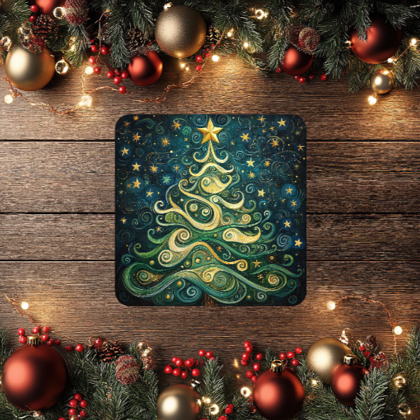 3 Inch Coaster 4PK (MDF) - A Starry Christmas Tree