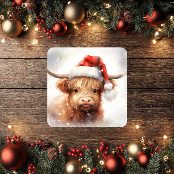 3 Inch Coaster 4PK (MDF) - Highland Cows Wearing Scarves And Santa Hats