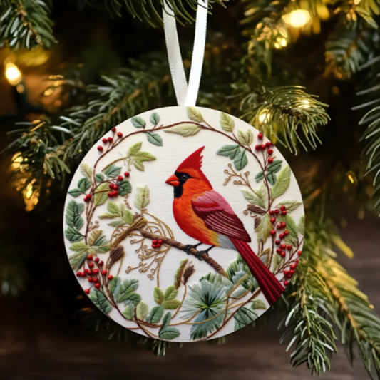 Ceramic Ornament - Cardinal On Holly Branch (Single Sided)
