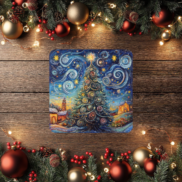3 Inch Coaster 4PK (MDF) - A Starry Christmas Tree