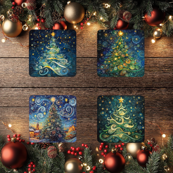 3 Inch Coaster 4PK (MDF) - A Starry Christmas Tree