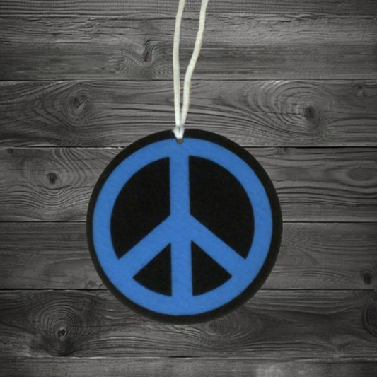 Air Freshener 3.5" Round Retro Hippie - Black and Blue Peace Sign