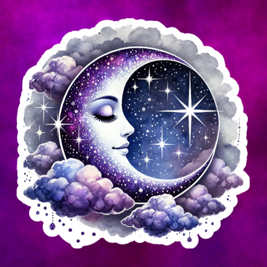 Waterproof Vinyl Celestial Crescent Moon with Face Sticker (Available 2" inch, 3" inch, 4" inch, & 5" Inch)