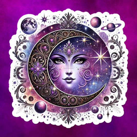 Waterproof Vinyl Celestial Crescent Moon Ladies Face Sticker (Available 2" inch, 3" inch, 4" inch, & 5" Inch)
