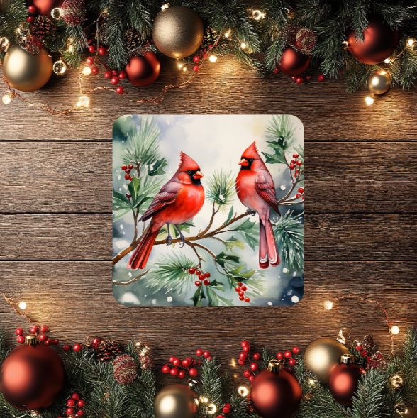 3 Inch Coaster 4PK (MDF) - Cardinals Perched On Holly Branches