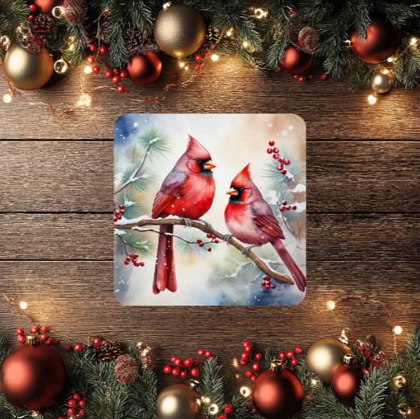 3 Inch Coaster 4PK (MDF) - Cardinals Perched On Holly Branches