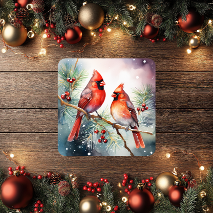 3 Inch Coaster 4PK (MDF) - Cardinals Perched On Holly Branches