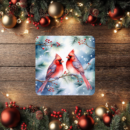 3 Inch Coaster 4PK (MDF) - Cardinals Perched On Holly Branches