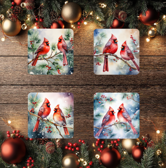 3 Inch Coaster 4PK (MDF) - Cardinals Perched On Holly Branches