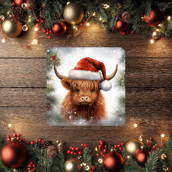 3 Inch Coaster 4PK (MDF) - Highland Cows Wearing Scarves And Santa Hats