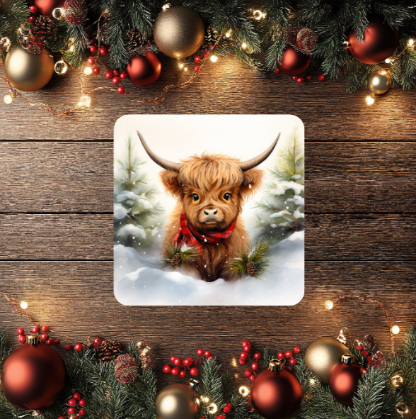 3 Inch Coaster 4PK (MDF) - Highland Cows Wearing Scarves And Santa Hats
