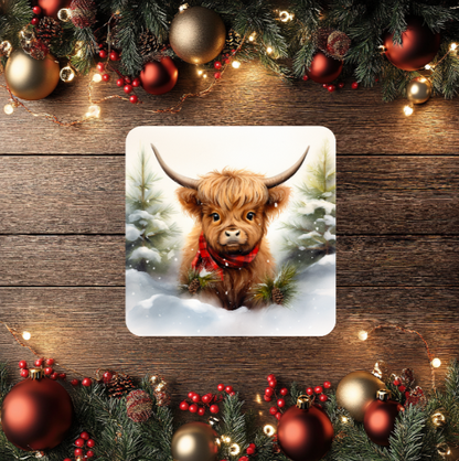 3 Inch Coaster 4PK (MDF) - Highland Cows Wearing Scarves And Santa Hats