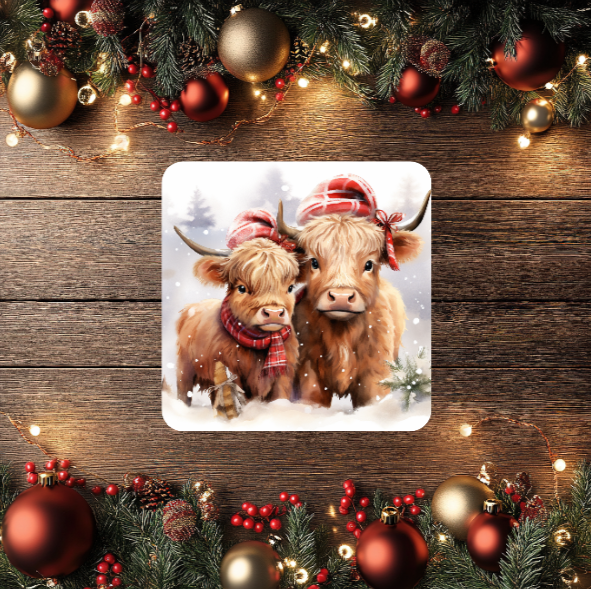 3 Inch Coaster 4PK (MDF) - Highland Cows Wearing Scarves And Santa Hats
