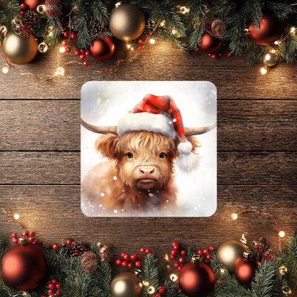 3 Inch Coaster 4PK (MDF) - Highland Cows Wearing Scarves And Santa Hats