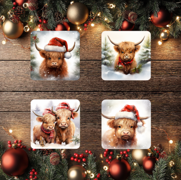 3 Inch Coaster 4PK (MDF) - Highland Cows Wearing Scarves And Santa Hats