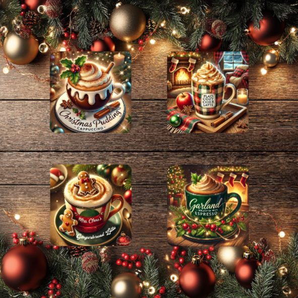 3 Inch Coaster 4PK (MDF) - Holiday Coffee Drinks