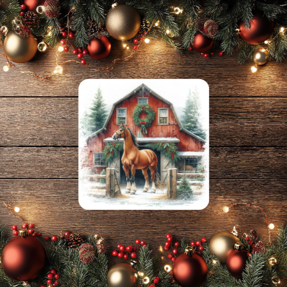 3 Inch Coaster 4PK (MDF) - Horses In Front Of Red Barns