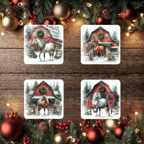 3 Inch Coaster 4PK (MDF) - Horses In Front Of Red Barns