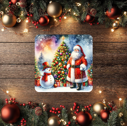 3 Inch Coaster 4PK (MDF) - Santa With Christmas Trees
