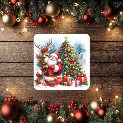 3 Inch Coaster 4PK (MDF) - Santa With Christmas Trees