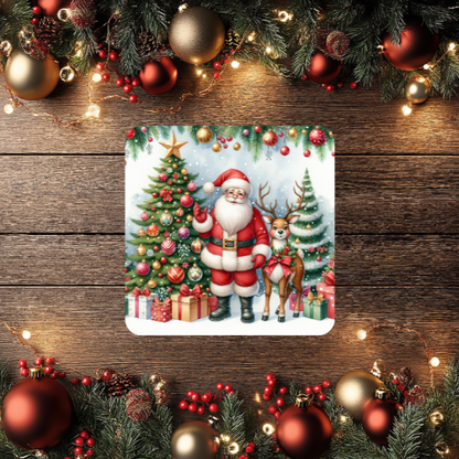 3 Inch Coaster 4PK (MDF) - Santa With Christmas Trees