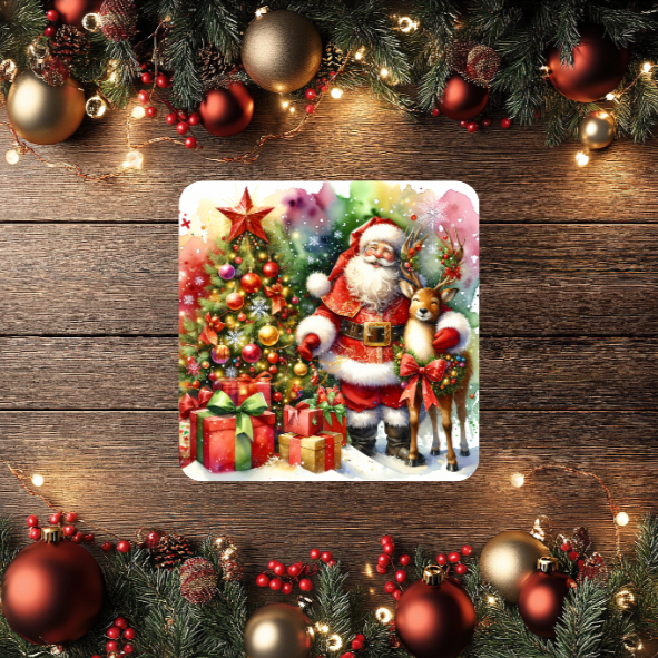 3 Inch Coaster 4PK (MDF) - Santa With Christmas Trees