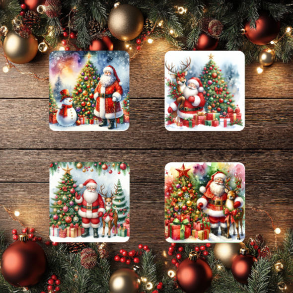 3 Inch Coaster 4PK (MDF) - Santa With Christmas Trees