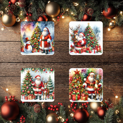 3 Inch Coaster 4PK (MDF) - Santa With Christmas Trees