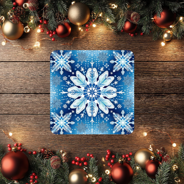 3 Inch Coaster 4PK (MDF) - White Snowflakes On Blue Background