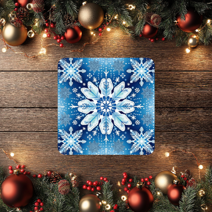 3 Inch Coaster 4PK (MDF) - White Snowflakes On Blue Background