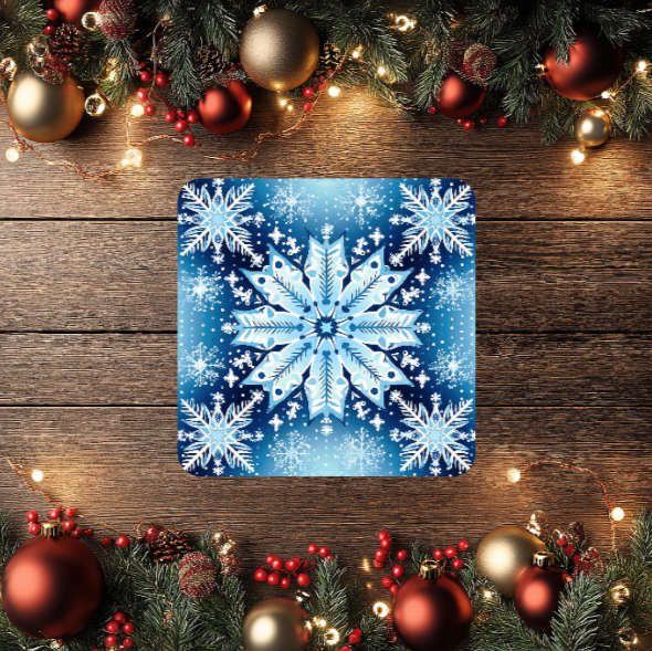 3 Inch Coaster 4PK (MDF) - White Snowflakes On Blue Background