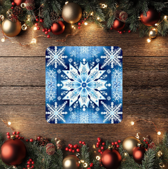 3 Inch Coaster 4PK (MDF) - White Snowflakes On Blue Background
