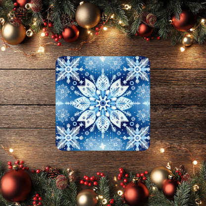 3 Inch Coaster 4PK (MDF) - White Snowflakes On Blue Background