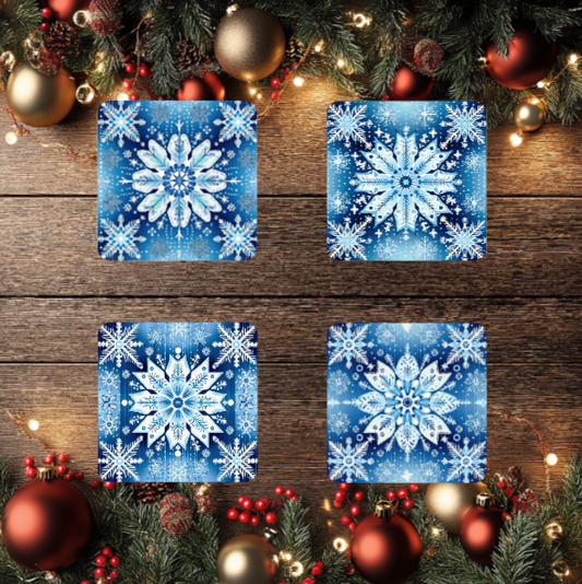 3 Inch Coaster 4PK (MDF) - White Snowflakes On Blue Background