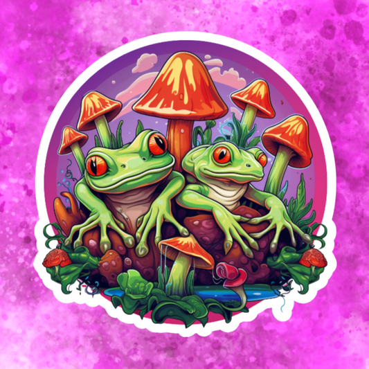Waterproof Vinyl Hippie Tree Frogs and Mushrooms Sticker (Available 2" inch, 3" inch, 4" inch, & 5" Inch)