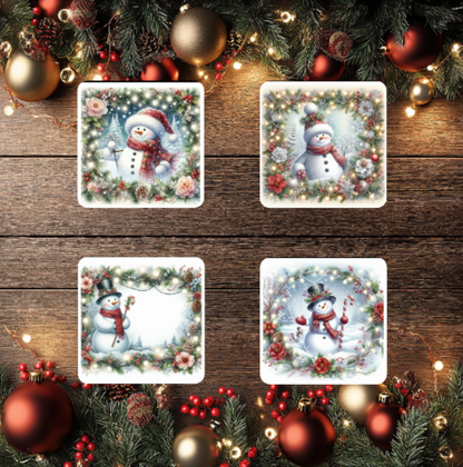 3 Inch Coaster 4PK (MDF) - Snowmen On White Background