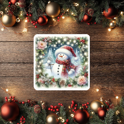 3 Inch Coaster 4PK (MDF) - Snowmen On White Background