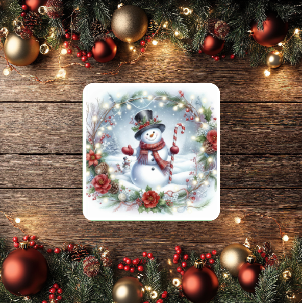 3 Inch Coaster 4PK (MDF) - Snowmen On White Background