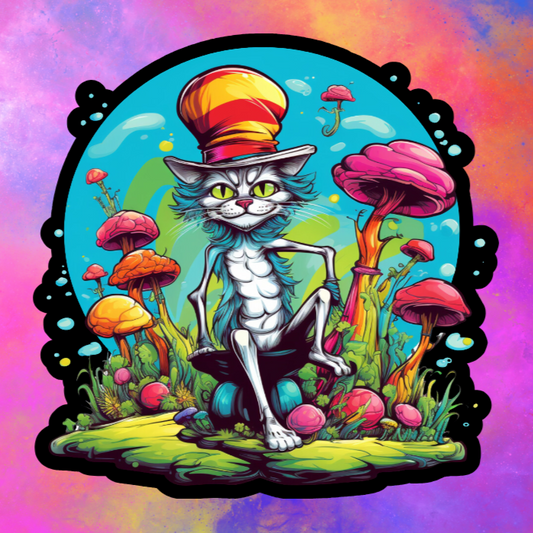 Waterproof Vinyl Trippy Cat In a Hat Sticker (Available 2" inch, 3" inch, 4" inch, & 5" Inch)