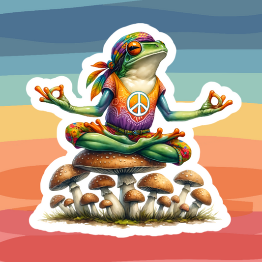 Waterproof Vinyl Hippie Peace Frog Sitting On Mushroom Sticker (Available 2" inch, 3" inch, 4" inch, & 5" Inch)