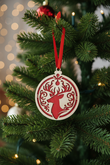 Laser Cut 2 1/2" Christmas Ornament - Depicting a Reindeer On a Red Background