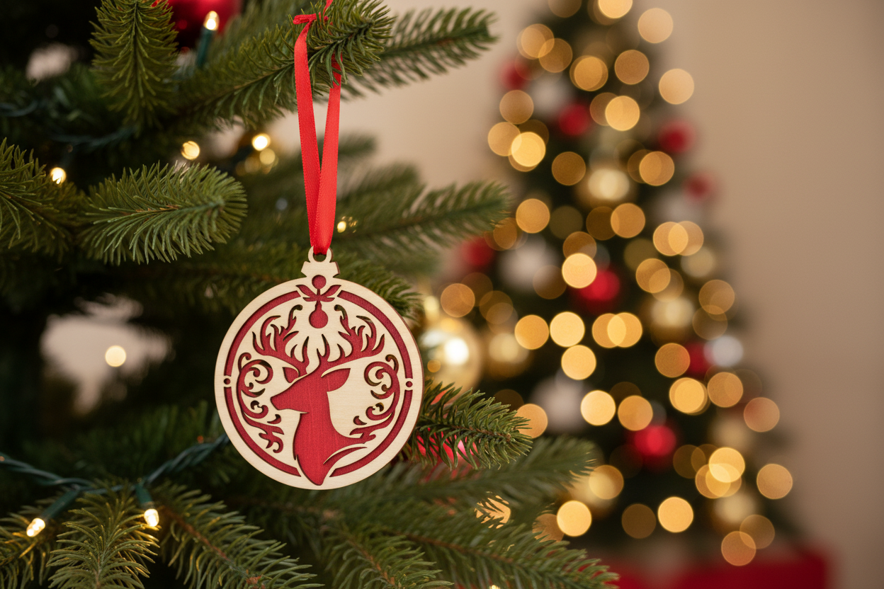 Laser Cut 2 1/2" Christmas Ornament - Depicting a Reindeer On a Red Background